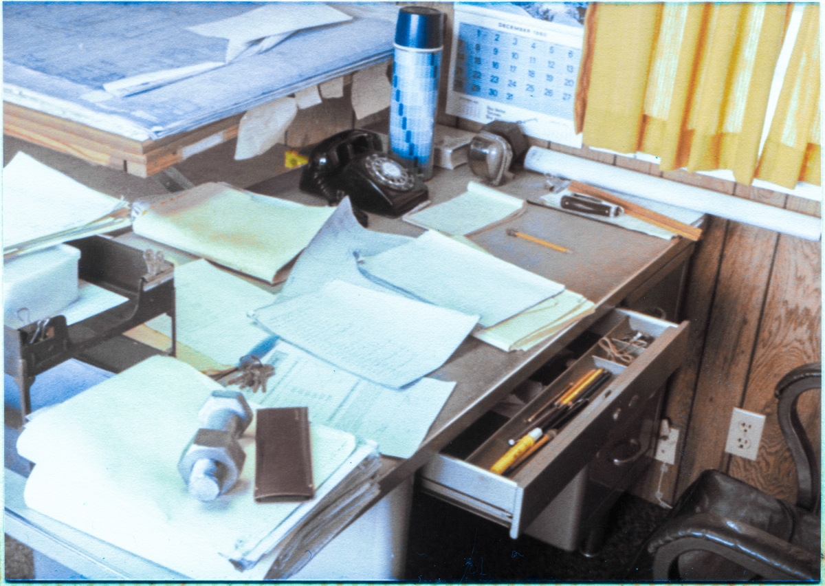 Image 010. James MacLaren’s desk in the Sheffield Steel field trailer at Launch Complex 39-B, Kennedy Space Center, Florida, in December 1980. Photo by James MacLaren. Image 010. James MacLaren’s desk in the Sheffield Steel field trailer at Launch Complex 39-B, Kennedy Space Center, Florida, in December 1980. Photo by James MacLaren.